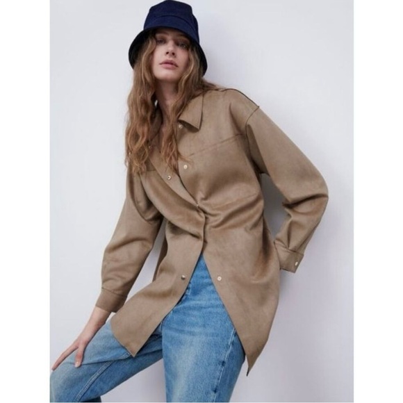Zara Tan Beige Faux Suede Shacket Oversized Jacket - NWT - Size XS - Picture 4 of 4